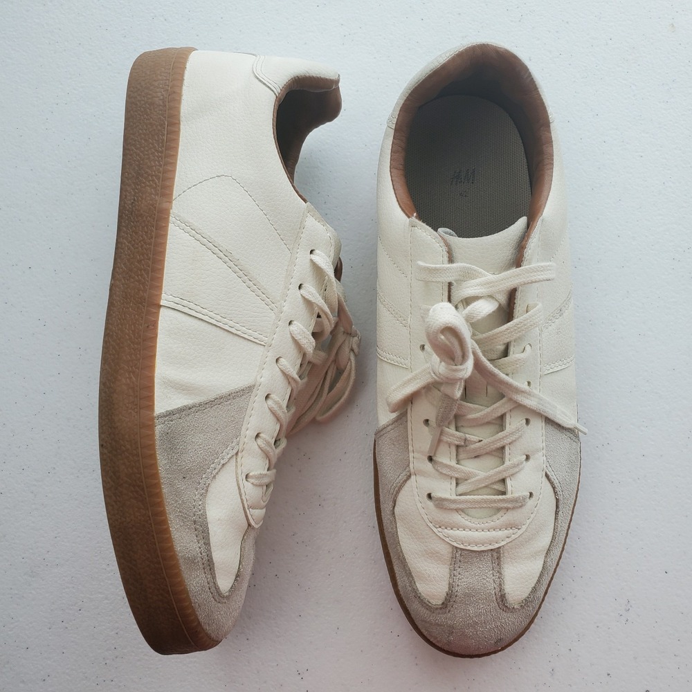 H&M Men's Retro Lace-Up Lightweight Tennis Shoes, Size 9, White/Beige Comfortabl